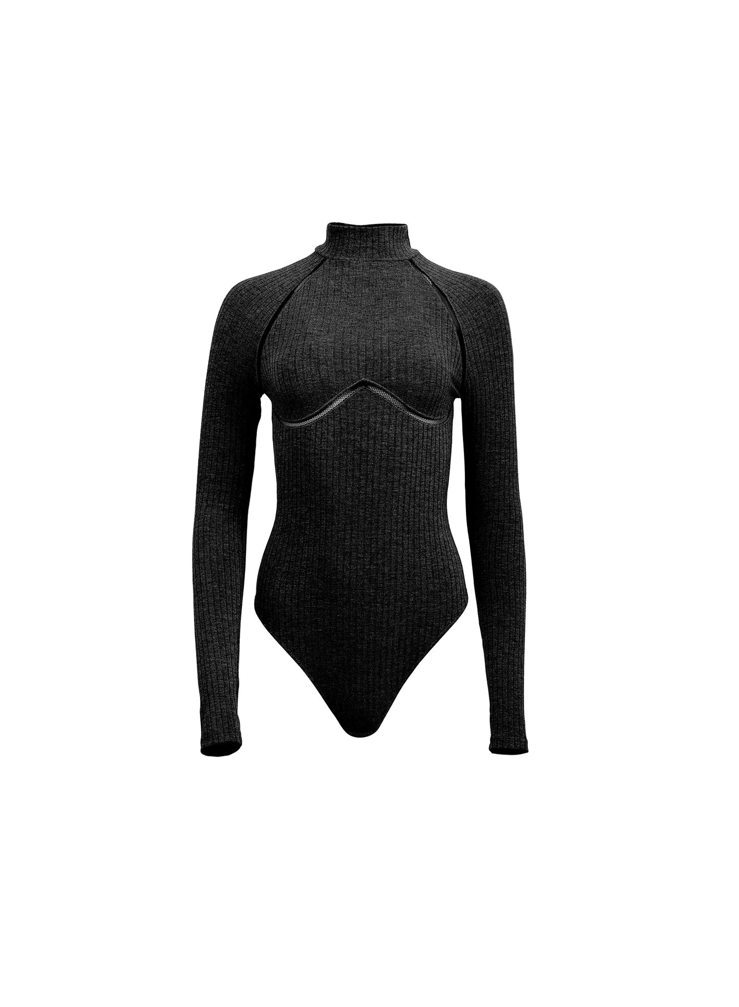 Rib Bodysuit Lattice Trim Black